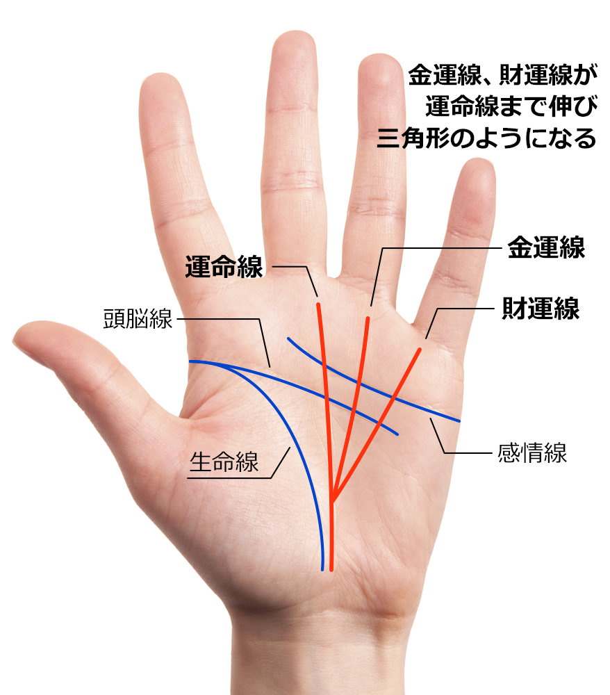 手の中央を走る運命線まで金運線が伸び、財運線もそこに伸びて三角形のような形になる相