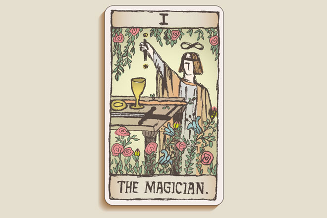 マジシャンのカード。卓上に小アルカナのエレメントが描かれている。